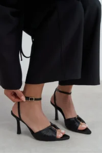 Nisantasi Shoes Raven Black Satin Ankle Strap Women Thin Heels Shoes - Image 7