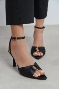 Nisantasi Shoes Raven Black Satin Ankle Strap Women Thin Heels Shoes - Image 8