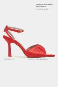 Nisantasi Shoes Raven Red Satin Ankle Strap Women Thin Heels Shoes - Image 2