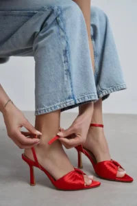 Nisantasi Shoes Raven Red Satin Ankle Strap Women Thin Heels Shoes - Image 6