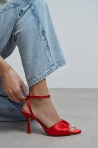 Nisantasi Shoes Raven Red Satin Ankle Strap Women Thin Heels Shoes - Image 7