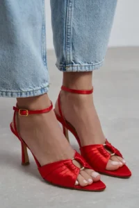 Nisantasi Shoes Raven Red Satin Ankle Strap Women Thin Heels Shoes - Image 8