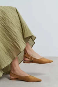 Nisantasi Shoes Beneto Tan Suede Pointed toe Belt Detailed Short Heels Women Flats - Image 6