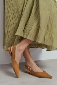 Nisantasi Shoes Beneto Tan Suede Pointed toe Belt Detailed Short Heels Women Flats - Image 7