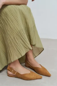 Nisantasi Shoes Beneto Tan Suede Pointed toe Belt Detailed Short Heels Women Flats - Image 8