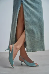 Nisantasi Shoes Salva Turquoise Satin Pointed Toe Front Light Women Heels Shoes