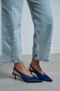 Nisantasi Shoes WILSON Navy Blue Satin Diver Material Open-Back Women Heels Shoes - Image 2