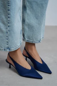 Nisantasi Shoes WILSON Navy Blue Satin Diver Material Open-Back Women Heels Shoes - Image 7
