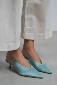 Nisantasi Shoes WILSON Turquoise Satin Diver Material Open-Back Women Heels Shoes - Image 7