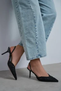 Nisantasi Shoes Norely Black Knitwear Net Embroidered Back Light Women Heels Shoes - Image 8