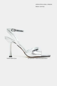 Nisantasi Shoes Cream Silver Patterned Blunt Toe Ankle Belt Detailed Thin Heels Shoes - Image 2