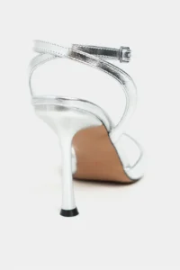 Nisantasi Shoes Cream Silver Patterned Blunt Toe Ankle Belt Detailed Thin Heels Shoes - Image 4