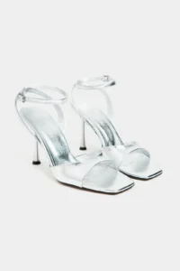 Nisantasi Shoes Cream Silver Patterned Blunt Toe Ankle Belt Detailed Thin Heels Shoes - Image 5