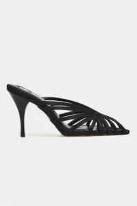 Nisantasi Shoes JUDITH Black Satin Burnu Light Detailed Kafesli Women Heels Slippers
