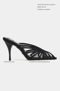 Nisantasi Shoes JUDITH Black Satin Burnu Light Detailed Kafesli Women Heels Slippers - Image 3