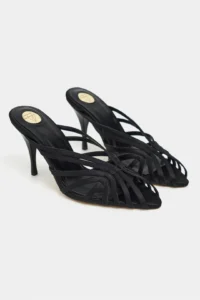 Nisantasi Shoes JUDITH Black Satin Burnu Light Detailed Kafesli Women Heels Slippers - Image 6