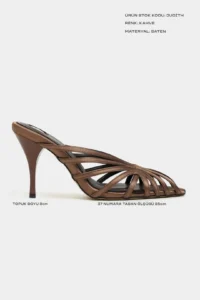 Nisantasi Shoes JUDITH Brown Satin Burnu Light Detailed Kafesli Women Heels Slippers - Image 3