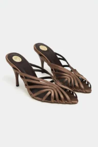 Nisantasi Shoes JUDITH Brown Satin Burnu Light Detailed Kafesli Women Heels Slippers - Image 6