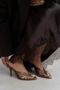 Nisantasi Shoes JUDITH Brown Satin Burnu Light Detailed Kafesli Women Heels Slippers - Image 7