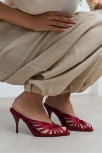 Nisantasi Shoes JUDITH Burgundy Satin Burnu Light Detailed Kafesli Women Heels Slippers - Image 2
