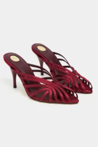 Nisantasi Shoes JUDITH Burgundy Satin Burnu Light Detailed Kafesli Women Heels Slippers - Image 6