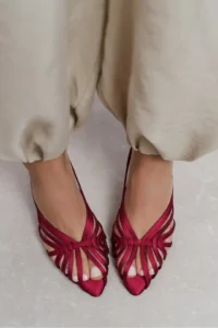 Nisantasi Shoes JUDITH Burgundy Satin Burnu Light Detailed Kafesli Women Heels Slippers - Image 9