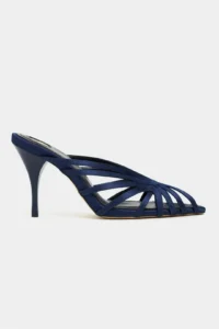 Nisantasi Shoes JUDITH Navy Blue Satin Burnu Light Detailed Kafesli Women Heels Slippers