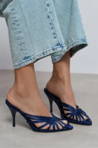 Nisantasi Shoes JUDITH Navy Blue Satin Burnu Light Detailed Kafesli Women Heels Slippers - Image 10