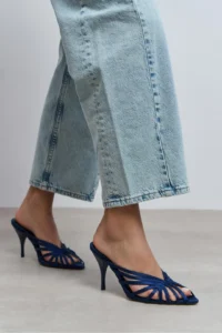 Nisantasi Shoes JUDITH Navy Blue Satin Burnu Light Detailed Kafesli Women Heels Slippers - Image 2