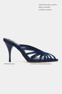 Nisantasi Shoes JUDITH Navy Blue Satin Burnu Light Detailed Kafesli Women Heels Slippers - Image 3