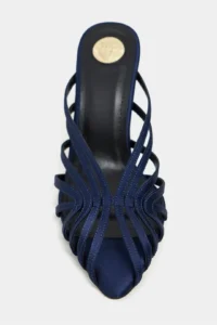 Nisantasi Shoes JUDITH Navy Blue Satin Burnu Light Detailed Kafesli Women Heels Slippers - Image 4