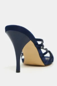 Nisantasi Shoes JUDITH Navy Blue Satin Burnu Light Detailed Kafesli Women Heels Slippers - Image 5