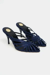 Nisantasi Shoes JUDITH Navy Blue Satin Burnu Light Detailed Kafesli Women Heels Slippers - Image 6