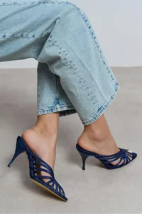 Nisantasi Shoes JUDITH Navy Blue Satin Burnu Light Detailed Kafesli Women Heels Slippers - Image 7