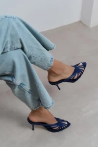 Nisantasi Shoes JUDITH Navy Blue Satin Burnu Light Detailed Kafesli Women Heels Slippers - Image 8