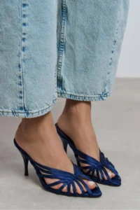 Nisantasi Shoes JUDITH Navy Blue Satin Burnu Light Detailed Kafesli Women Heels Slippers - Image 9