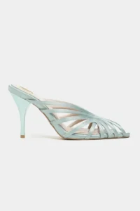 Nisantasi Shoes JUDITH Turquoise Satin Burnu Light Detailed Kafesli Women Heels Slippers