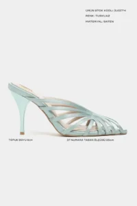 Nisantasi Shoes JUDITH Turquoise Satin Burnu Light Detailed Kafesli Women Heels Slippers - Image 2