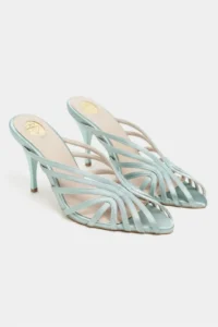 Nisantasi Shoes JUDITH Turquoise Satin Burnu Light Detailed Kafesli Women Heels Slippers - Image 3