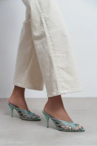 Nisantasi Shoes JUDITH Turquoise Satin Burnu Light Detailed Kafesli Women Heels Slippers - Image 8