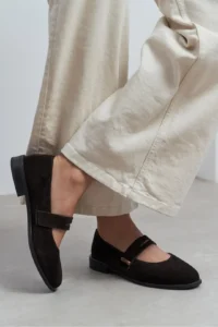 Nisantasi Shoes Merla DARK Brown Suede Drink-Outside Leather with buckle Women Flats Shoes - Image 6