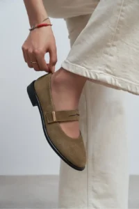 Nisantasi Shoes Merla ROME BEIGE Suede Drink-Dış Leather with buckle Women Flats Shoes - Image 6