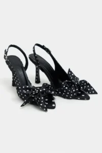 Nisantasi Shoes Lorea Black Satin Puantiye Patterned Fiyonk Detailed Women Heels Shoes - Image 6