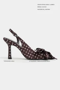 Nisantasi Shoes Lorea Brown Satin Puantiye Patterned Fiyonk Detailed Women Heels Shoes - Image 3