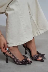 Nisantasi Shoes Lorea Brown Satin Puantiye Patterned Fiyonk Detailed Women Heels Shoes - Image 7