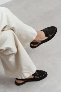 Nisantasi Shoes Velvet DARK Brown Suede Belt Detailed Flat Sole Women Loafer Sandals - Image 7
