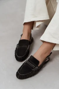 Nisantasi Shoes Velvet DARK Brown Suede Belt Detailed Flat Sole Women Loafer Sandals - Image 9