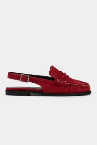 Nisantasi Shoes Mosby Red SUEDE Belt Detailed Flat Sole Women Loafer Slippers