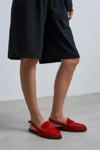 Nisantasi Shoes Mosby Red SUEDE Belt Detailed Flat Sole Women Loafer Slippers - Image 2