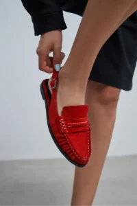 Nisantasi Shoes Mosby Red SUEDE Belt Detailed Flat Sole Women Loafer Slippers - Image 7